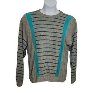 VINTAGE 80s top terry cloth gray striped long sleeve crew neck shirt unisex M‎